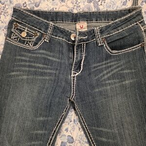 True Religion Women's Blue Bootcut Jeans with White Contrast Stitching